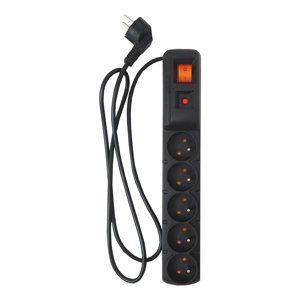 kabel prodlužovací, černý, 5 zásuvek s přepěťovou pojistkou a vypínačem,3 m,~250V/10A (kabel prodlužovací, černý, 5 zásuvek s přepěťovou pojistkou a vypínačem,3 m,~250V/10A)